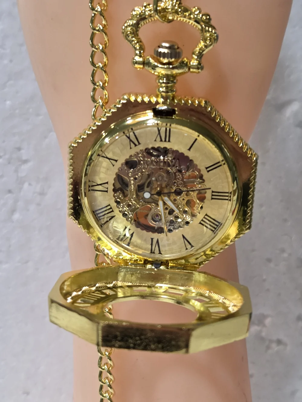 HEXAGONAL MECHANICAL POCJET WATCHROMAN DIAL SKELETON GOLD STEMPUNK FOB CHAIN